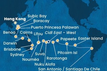 Čína, Filipíny, Indonézia, Austrália, Nová Kaledonie, Fiji, Tonga, , Cookovy ostrovy, Francouzská Polynésie, Zámořské území Velké Británie, Chile z Hong Kongu na lodi Costa Serena