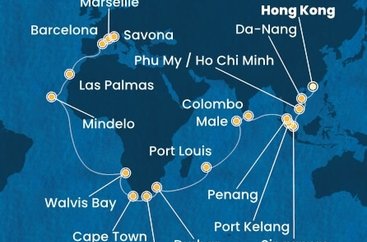 Čína, Vietnam, Singapur, Malajzia, Srí Lanka, Maledivy, Maurícius, Juhoafrická republika, Namíbia, Kapverdy, Španielsko, Francúzsko, Taliansko z Hong Kongu na lodi Costa Deliziosa