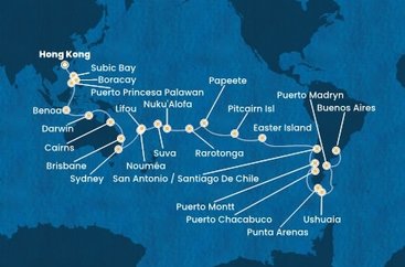 Čína, Filipíny, Indonézia, Austrália, Nová Kaledonie, Fiji, Tonga, Cookovy ostrovy, Francouzská Polynésie, Zámořské území Velké Británie, Chile, Argentína z Hong Kongu na lodi Costa Serena