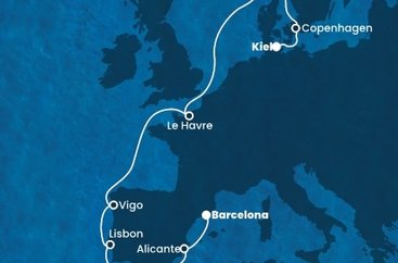 Nemecko, Dánsko, Nórsko, Francúzsko, Španielsko, Portugalsko z Kielu na lodi Costa Diadema