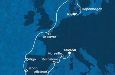 Nemecko, Dánsko, Nórsko, Francúzsko, Španielsko, Portugalsko, Taliansko z Kielu na lodi Costa Diadema