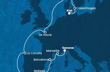Nemecko, Dánsko, Nórsko, Francúzsko, Španielsko, Taliansko z Kielu na lodi Costa Diadema