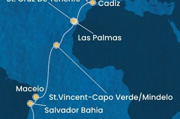 Portugalsko, Španielsko, Kapverdy, Brazília z Lisabonu na lodi Costa Diadema