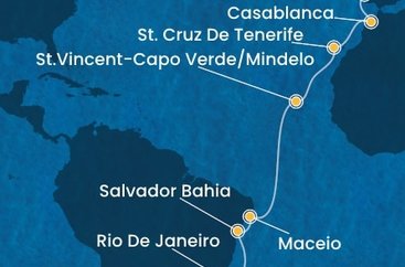 Portugalsko, Maroko, Španielsko, Kapverdy, Brazília z Lisabonu na lodi Costa Diadema