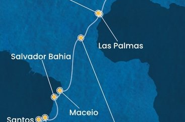 Portugalsko, Španielsko, Kapverdy, Brazília z Lisabonu na lodi Costa Diadema