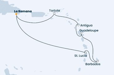 Dominikánska republika, Svätá Lucia, Barbados, Guadeloupe, Antigua a Barbuda, Britské Panenské ostrovy z La Romany na lodi Costa Pacifica