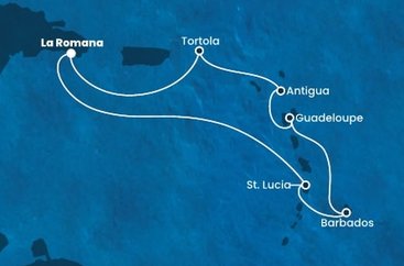 Dominikánska republika, Svätá Lucia, Barbados, Guadeloupe, Antigua a Barbuda, Britské Panenské ostrovy z La Romany na lodi Costa Fascinosa