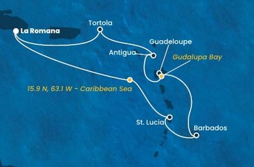Dominikánska republika, , Svätá Lucia, Barbados, Guadeloupe, Antigua a Barbuda, Britské Panenské ostrovy z La Romany na lodi Costa Fascinosa