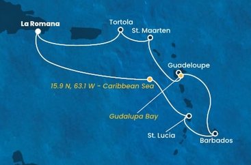 Dominikánska republika, , Svätá Lucia, Barbados, Guadeloupe, Svatý Martin, Britské Panenské ostrovy z La Romany na lodi Costa Fascinosa