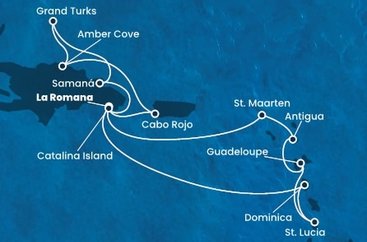 Dominikánska republika, Dominika, Svätá Lucia, Guadeloupe, Antigua a Barbuda, Svatý Martin, Veľká Británia z La Romany na lodi Costa Fascinosa