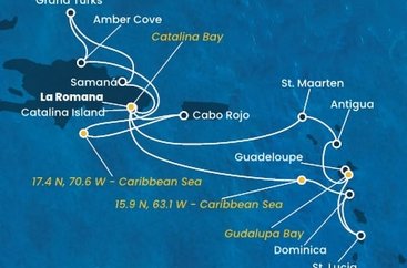 Dominikánska republika, , Dominika, Svätá Lucia, Guadeloupe, Antigua a Barbuda, Svatý Martin, Veľká Británia z La Romany na lodi Costa Fascinosa