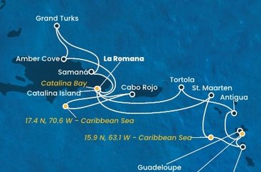 Dominikánska republika, Svatý Martin, , Dominika, Guadeloupe, Antigua a Barbuda, Britské Panenské ostrovy, Veľká Británia z La Romany na lodi Costa Fascinosa
