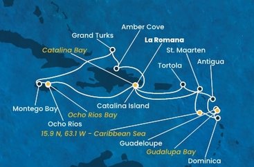 Dominikánska republika, Svatý Martin, , Dominika, Guadeloupe, Antigua a Barbuda, Britské Panenské ostrovy, Jamajka, Veľká Británia z La Romany na lodi Costa Fascinosa