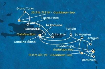 Dominikánska republika, , Veľká Británia, Svatý Martin, Dominika, Guadeloupe, Antigua a Barbuda, Britské Panenské ostrovy z La Romany na lodi Costa Fascinosa
