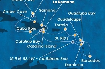 Dominikánska republika, Veľká Británia, Dominika, Barbados, Guadeloupe, Francúzsko, Svätý Krištof a Nevis, Britské Panenské ostrovy z La Romany na lodi Costa Pacifica