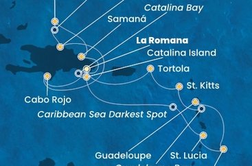 Dominikánska republika, Svätá Lucia, Barbados, Guadeloupe, Svätý Krištof a Nevis, Britské Panenské ostrovy, Veľká Británia z La Romany na lodi Costa Fascinosa
