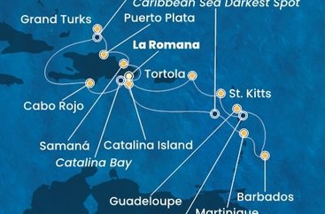 Dominikánska republika, Martinik, Barbados, Guadeloupe, Svätý Krištof a Nevis, Britské Panenské ostrovy, Veľká Británia z La Romany na lodi Costa Fascinosa