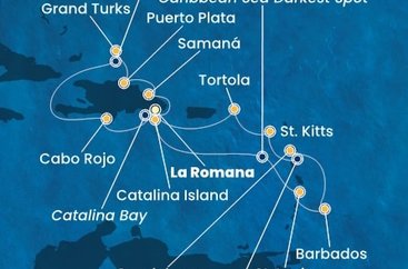Dominikánska republika, Veľká Británia, Svätá Lucia, Barbados, Guadeloupe, Svätý Krištof a Nevis, Britské Panenské ostrovy z La Romany na lodi Costa Fascinosa