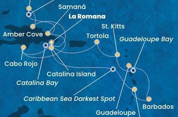 Dominikánska republika, Svätá Lucia, Barbados, Guadeloupe, Svätý Krištof a Nevis, Britské Panenské ostrovy, Veľká Británia z La Romany na lodi Costa Pacifica