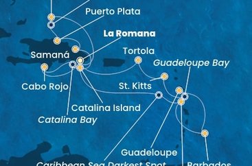 Dominikánska republika, Dominika, Barbados, Guadeloupe, Svätý Krištof a Nevis, Britské Panenské ostrovy, Veľká Británia z La Romany na lodi Costa Pacifica