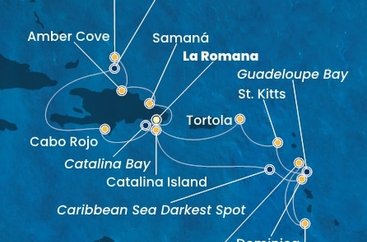 Dominikánska republika, Veľká Británia, Dominika, Svätý Vincent a Grenadiny, Guadeloupe, Svätý Krištof a Nevis, Britské Panenské ostrovy z La Romany na lodi Costa Pacifica