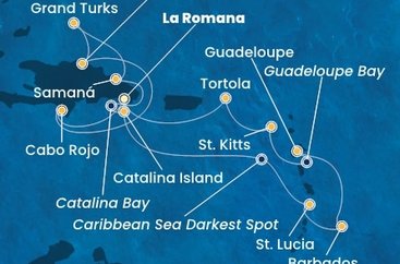 Dominikánska republika, Veľká Británia, Svätá Lucia, Barbados, Guadeloupe, Svätý Krištof a Nevis, Britské Panenské ostrovy z La Romany na lodi Costa Pacifica