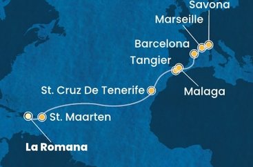 Dominikánska republika, Svatý Martin, Španielsko, Maroko, Francúzsko, Taliansko z La Romany na lodi Costa Fascinosa