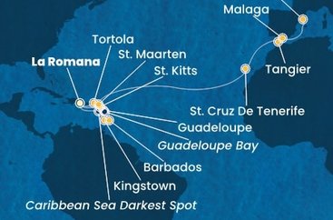 Dominikánska republika, Svätý Vincent a Grenadiny, Barbados, Guadeloupe, Svätý Krištof a Nevis, Britské Panenské ostrovy, Svatý Martin, Španielsko, Maroko z La Romany na lodi Costa Fascinosa