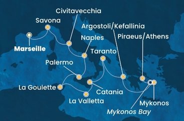Francúzsko, Taliansko, Tunisko, Malta, Kefalonie, Grécko z Marseille na lodi Costa Fascinosa