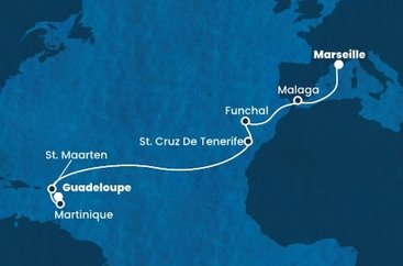 Francúzsko, Španielsko, Portugalsko, Svatý Martin, Martinik, Guadeloupe z Marseille na lodi Costa Fortuna