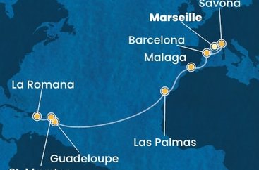 Francúzsko, Taliansko, Španielsko, Guadeloupe, Svatý Martin, Dominikánska republika z Marseille na lodi Costa Fascinosa