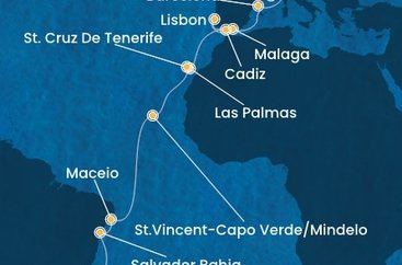 Francúzsko, Taliansko, Španielsko, Portugalsko, Kapverdy, Brazília z Marseille na lodi Costa Diadema
