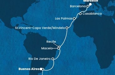 Francúzsko, Španielsko, Maroko, Kapverdy, Brazília, Uruguaj, Argentína z Marseille na lodi Costa Deliziosa