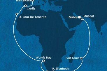 Francúzsko, Španielsko, Namíbia, Juhoafrická republika, Maurícius, Omán, Spojené arabské emiráty z Marseille na lodi Costa Smeralda