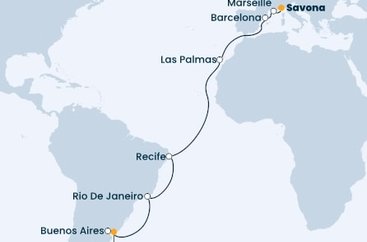 Uruguaj, Argentína, Brazília, Španielsko, Francúzsko, Taliansko z Montevidea na lodi Costa Fascinosa