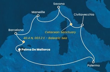 Španielsko, Taliansko, , Francúzsko z Palmy de Mallorca na lodi Costa Toscana