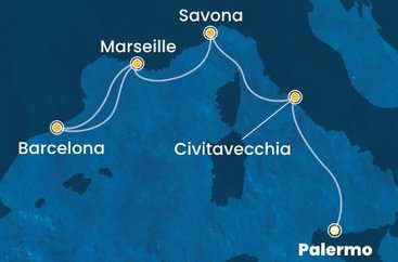 Sicília, Taliansko, Francúzsko, Španielsko z Palerma na lodi Costa Toscana