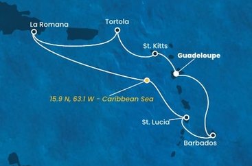 Guadeloupe, Svätý Krištof a Nevis, Britské Panenské ostrovy, Dominikánska republika, , Svätá Lucia, Barbados z Pointe-à-Pitre na lodi Costa Fascinosa