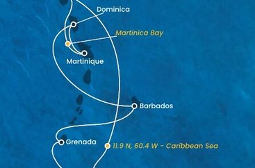 Guadeloupe, , Trinidad a Tobago, Grenada, Barbados, Dominika, Martinik z Pointe-à-Pitre na lodi Costa Fortuna