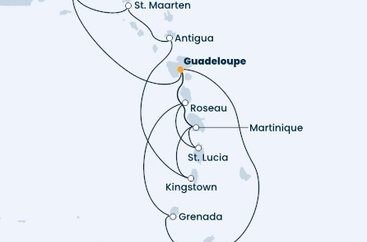 Guadeloupe, Trinidad a Tobago, Grenada, Dominika, Svätá Lucia, Martinik, Britské Panenské ostrovy, Svatý Martin, Antigua a Barbuda, Svätý Vincent a Grenadiny z Pointe-à-Pitre na lodi Costa Fascinosa