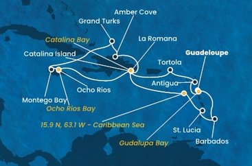 Guadeloupe, , Antigua a Barbuda, Britské Panenské ostrovy, Dominikánska republika, Jamajka, Veľká Británia, Svätá Lucia, Barbados z Pointe-à-Pitre na lodi Costa Fascinosa
