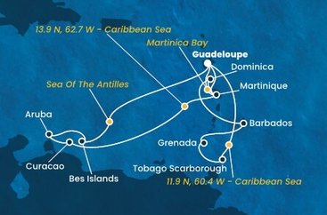 Guadeloupe, , Trinidad a Tobago, Grenada, Barbados, Dominika, Martinik, Bonaire, Aruba, Curacao z Pointe-à-Pitre na lodi Costa Fortuna