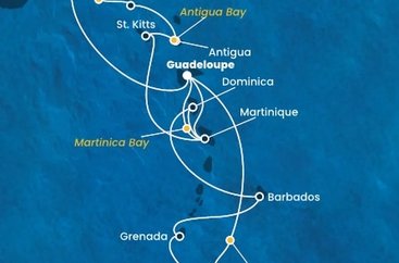 Guadeloupe, Britské Panenské ostrovy, , Svatý Martin, Antigua a Barbuda, Svätý Krištof a Nevis, Martinik, Trinidad a Tobago, Grenada, Barbados, Dominika z Pointe-à-Pitre na lodi Costa Fortuna
