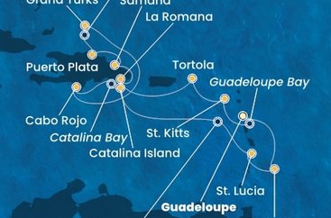 Guadeloupe, Svätý Krištof a Nevis, Britské Panenské ostrovy, Dominikánska republika, Veľká Británia, Svätá Lucia, Barbados z Pointe-à-Pitre na lodi Costa Fascinosa