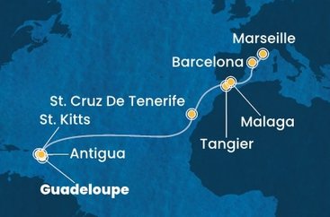 Guadeloupe, Svätý Krištof a Nevis, Antigua a Barbuda, Španielsko, Maroko, Francúzsko z Pointe-à-Pitre na lodi Costa Favolosa