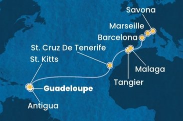 Guadeloupe, Svätý Krištof a Nevis, Antigua a Barbuda, Španielsko, Maroko, Francúzsko, Taliansko z Pointe-à-Pitre na lodi Costa Favolosa