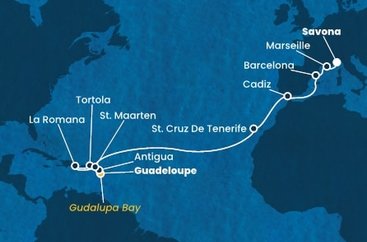 Guadeloupe, , Antigua a Barbuda, Britské Panenské ostrovy, Dominikánska republika, Svatý Martin, Španielsko, Francúzsko, Taliansko z Pointe-à-Pitre na lodi Costa Fascinosa