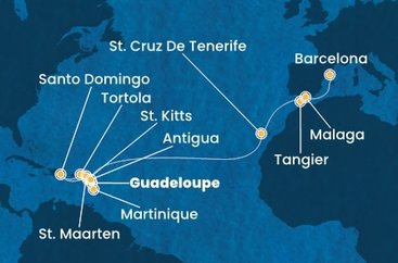 Guadeloupe, Svätý Krištof a Nevis, Britské Panenské ostrovy, Dominikánska republika, Svatý Martin, Martinik, Antigua a Barbuda, Španielsko, Maroko z Pointe-à-Pitre na lodi Costa Favolosa