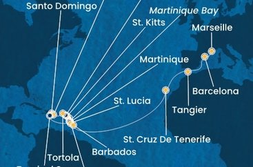 Guadeloupe, Svätý Krištof a Nevis, Jamajka, Britské Panenské ostrovy, Dominikánska republika, , Martinik, Francúzsko, Svätá Lucia, Barbados, Španielsko, Maroko z Pointe-à-Pitre na lodi Costa Fascinosa