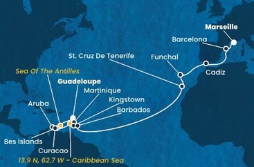 Guadeloupe, , Bonaire, Aruba, Curacao, Martinik, Svätý Vincent a Grenadiny, Barbados, Španielsko, Portugalsko, Francúzsko z Pointe-à-Pitre na lodi Costa Fortuna